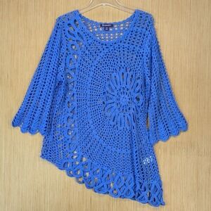 Roman's Tunic Top Womens 18 Crochet Open Knit Asymmetrical Blue Boho Festival
